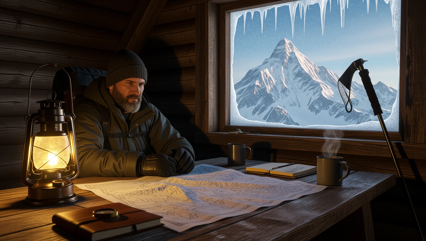 Ein Mann plant seine Bergbesteigung mit Karten und einer Tasse Kaffee.
