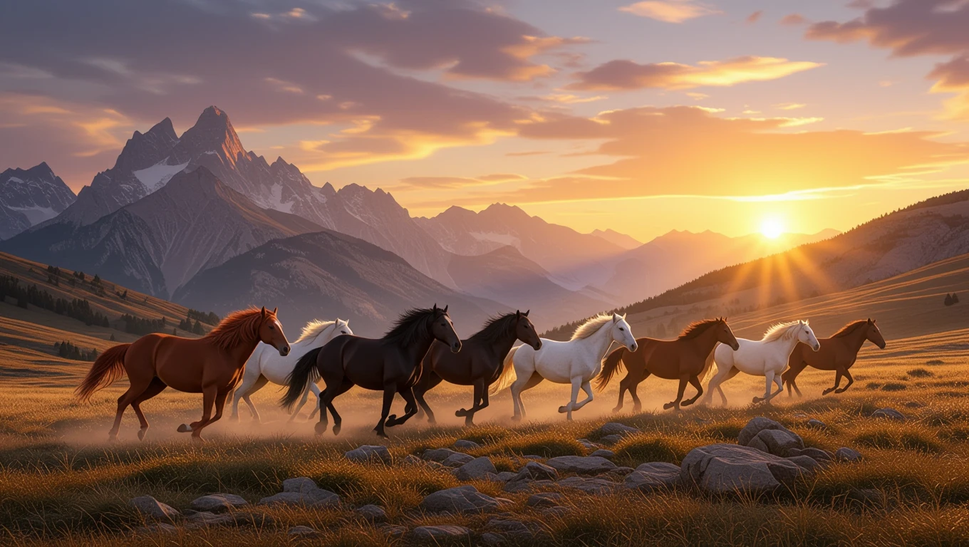Eine Gruppe von Wildpferden läuft majestätisch über eine Wiese vor einem Berg.