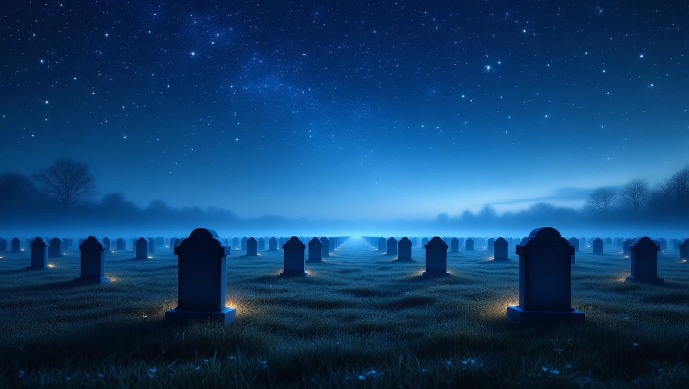 Ein ruhiger Friedhof bei Nacht, umgeben von leuchtenden Grabsteinen und einem klaren Sternenhimmel.