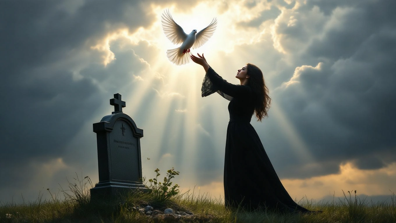 Eine Frau in Schwarz lässt eine weiße Taube vor einem Grab fliegen.