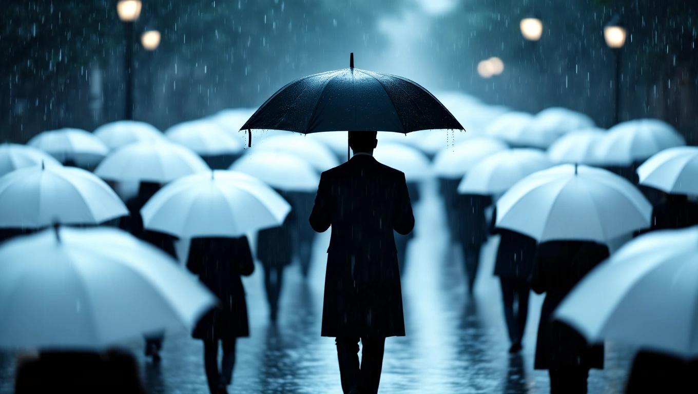 Eine Person mit einem schwarzen Regenschirm steht in einer Menschenmenge mit weißen Regenschirmen.