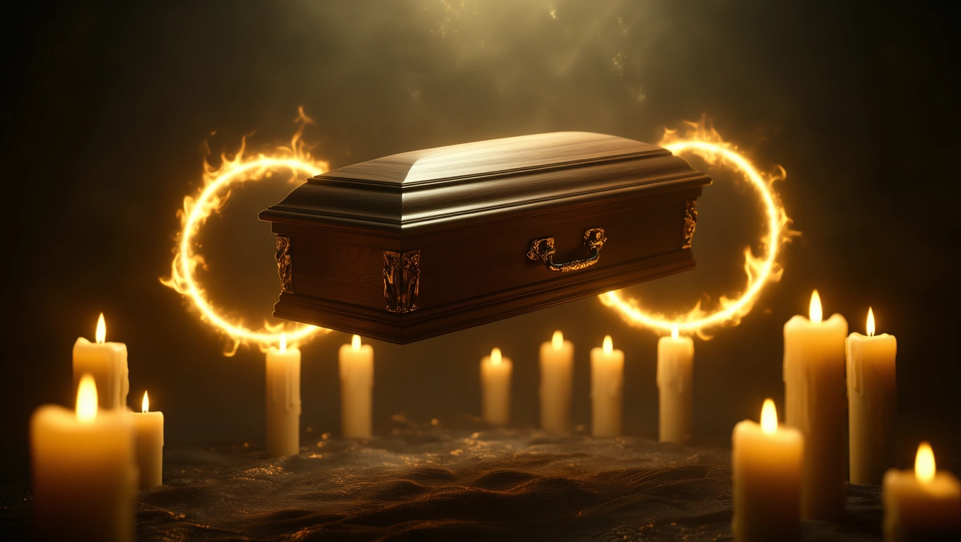Ein schimmernder Sarg umgeben von brennenden Kerzen in mystischer Atmosphäre.
