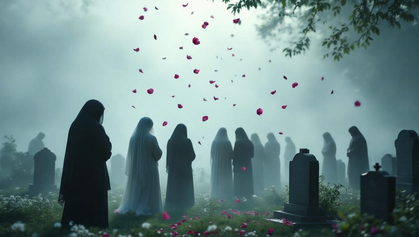 Eine Gruppe von Trauernden in einem nebligen Friedhof, umgeben von Rosenblättern.