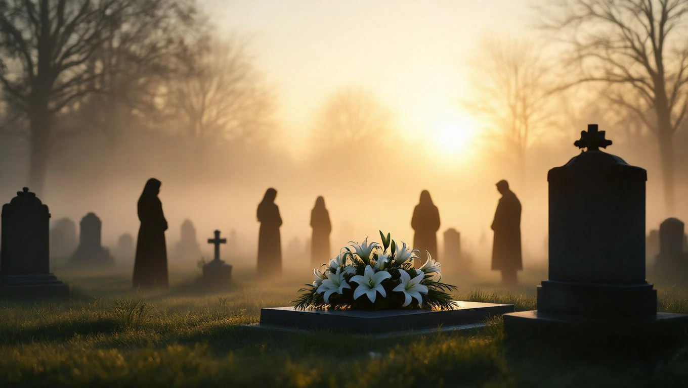 Ein Friedhof im Nebel mit einer blühenden Lilienblume auf einem Grab.