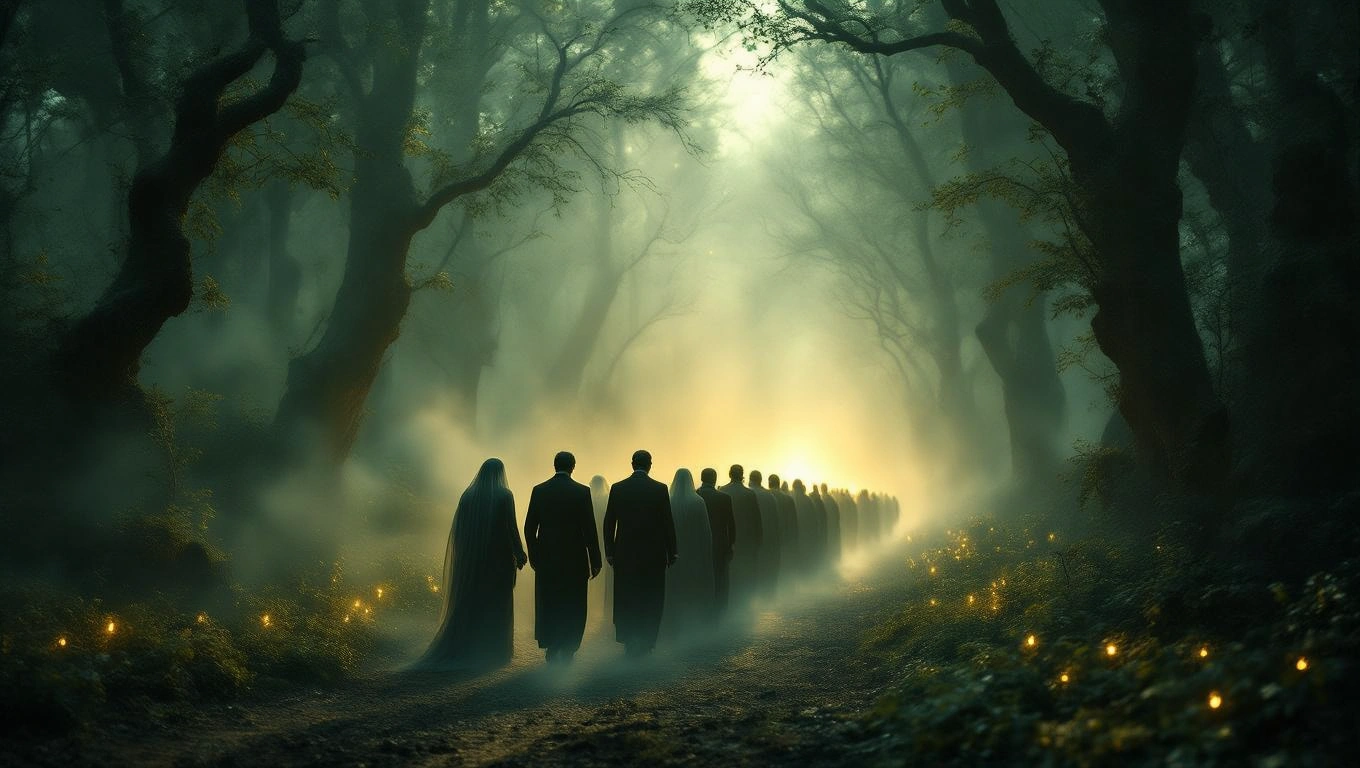 Eine Gruppe von Menschen in dunklen Anzügen und einem weißen Kleid geht durch einen nebligen Wald.