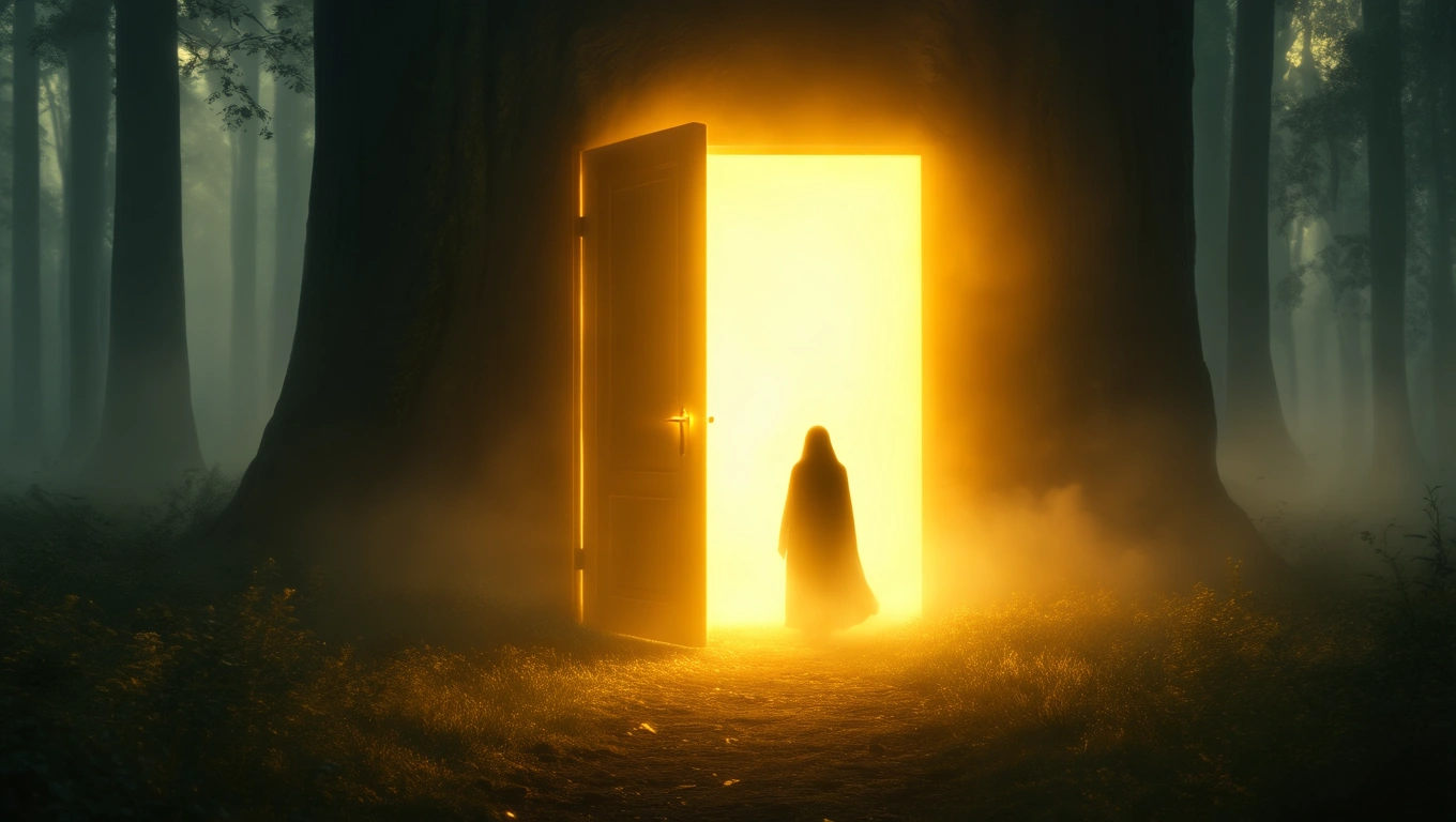Eine geheimnisvolle Tür in einem nebligen Wald, die Licht ausstrahlt.