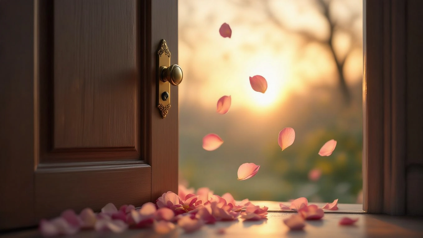Eine offene Tür mit fallenden Blütenblättern, die den Sonnenuntergang erhellen.