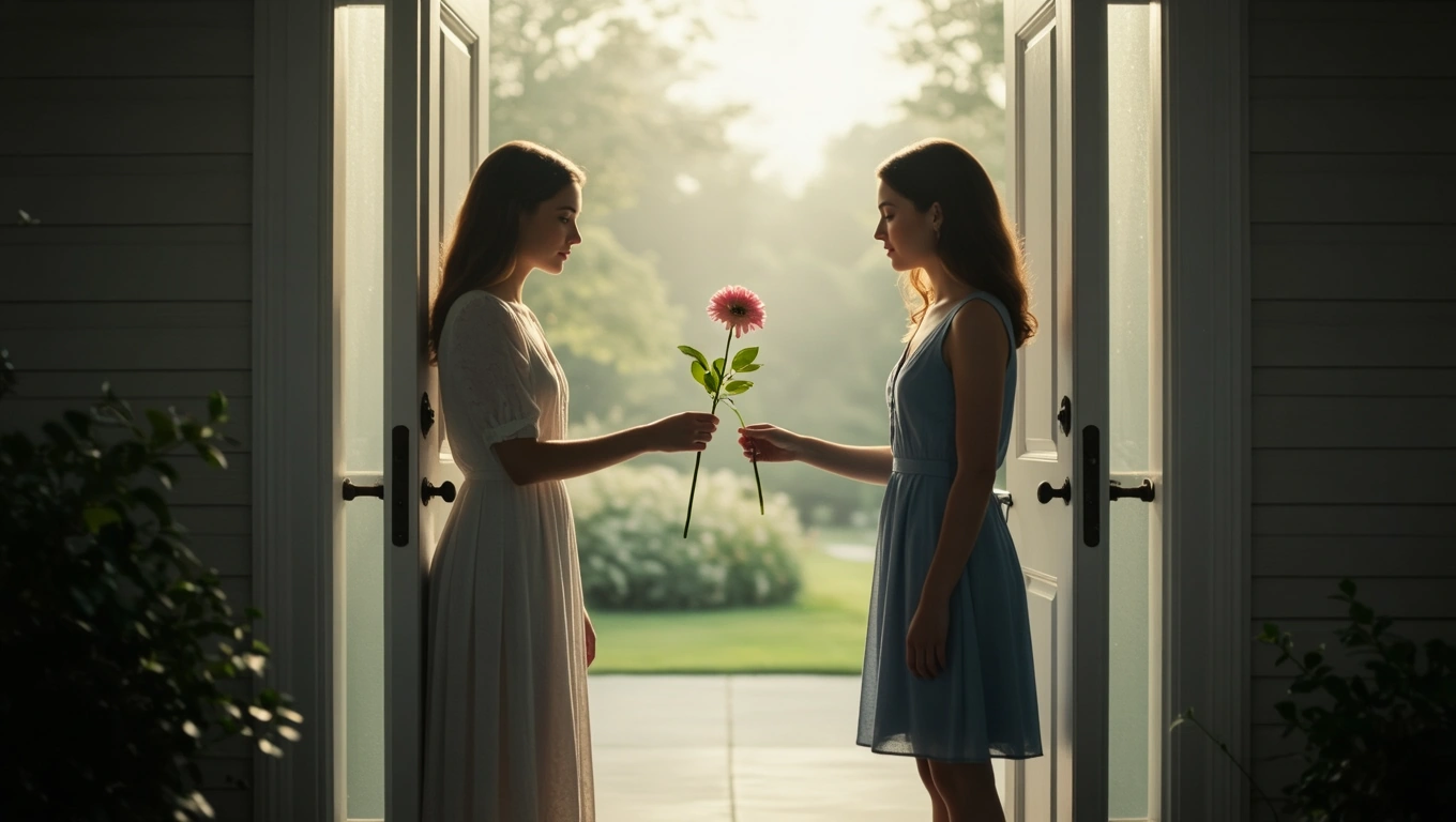 Zwei Frauen stehen sich an einer offenen Tür gegenüber und tauschen eine Blume aus.