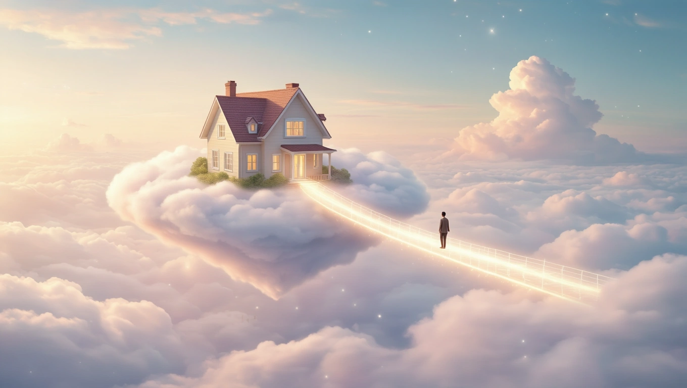 Ein Mann steht auf einer Wolke und blickt auf ein Haus in den Wolken.