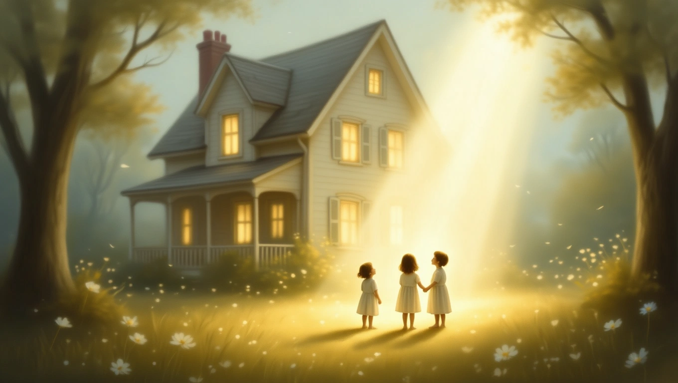 Drei Mädchen stehen vor einem hell erleuchteten Haus in einer traumhaften Landschaft.