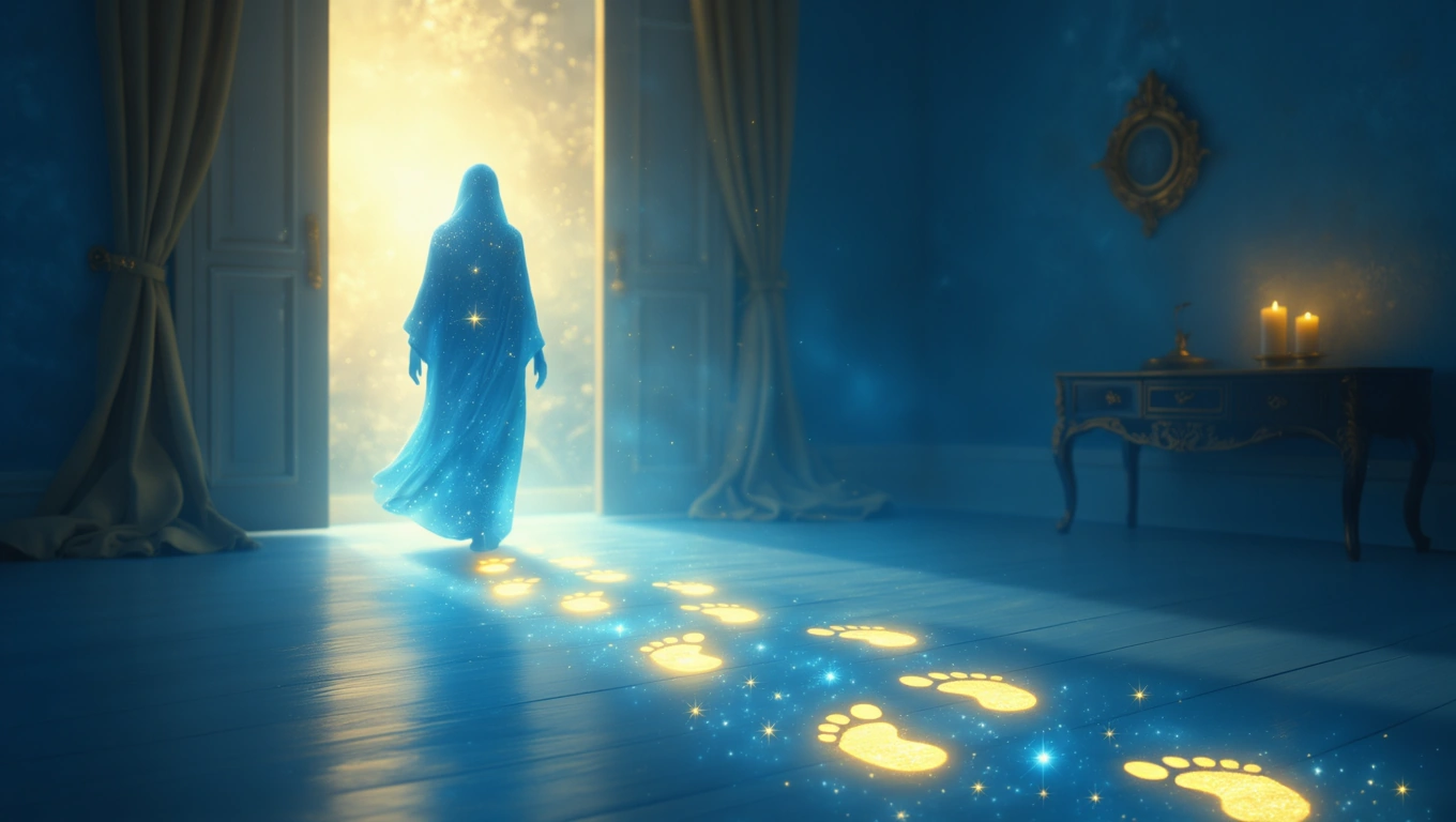 Eine mystische Figur geht durch eine Tür, hinterlässt leuchtende Fußspuren.