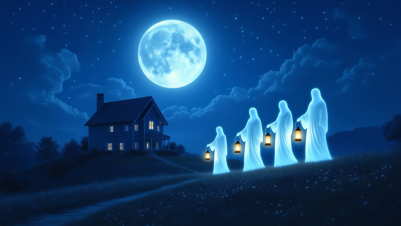 Geister mit Laternen nähern sich einem Haus unter dem Mondlicht.