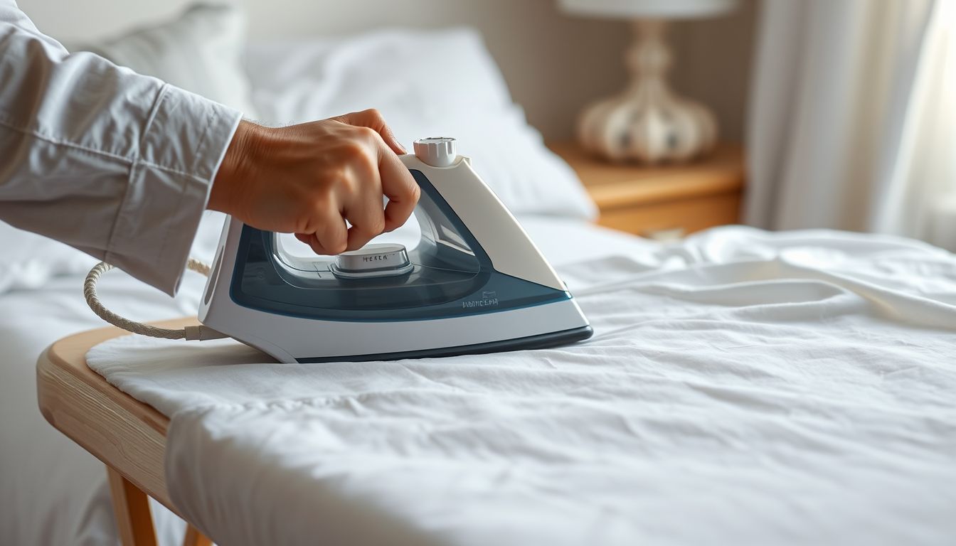 Eine Hand bügelt ein frisches, weißes Bettlaken auf einem Tisch.