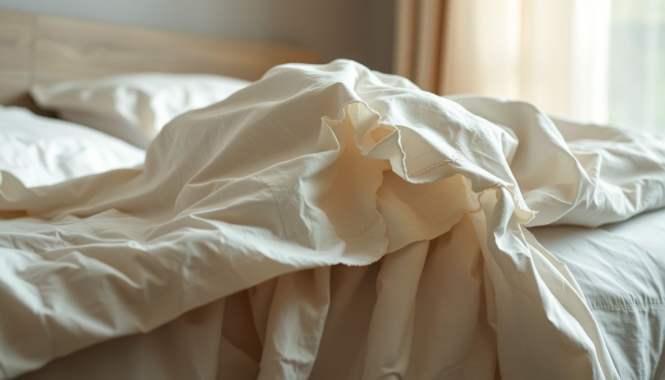 Ein zerknittertes Bettlaken auf einem Bett, das Geborgenheit symbolisiert.