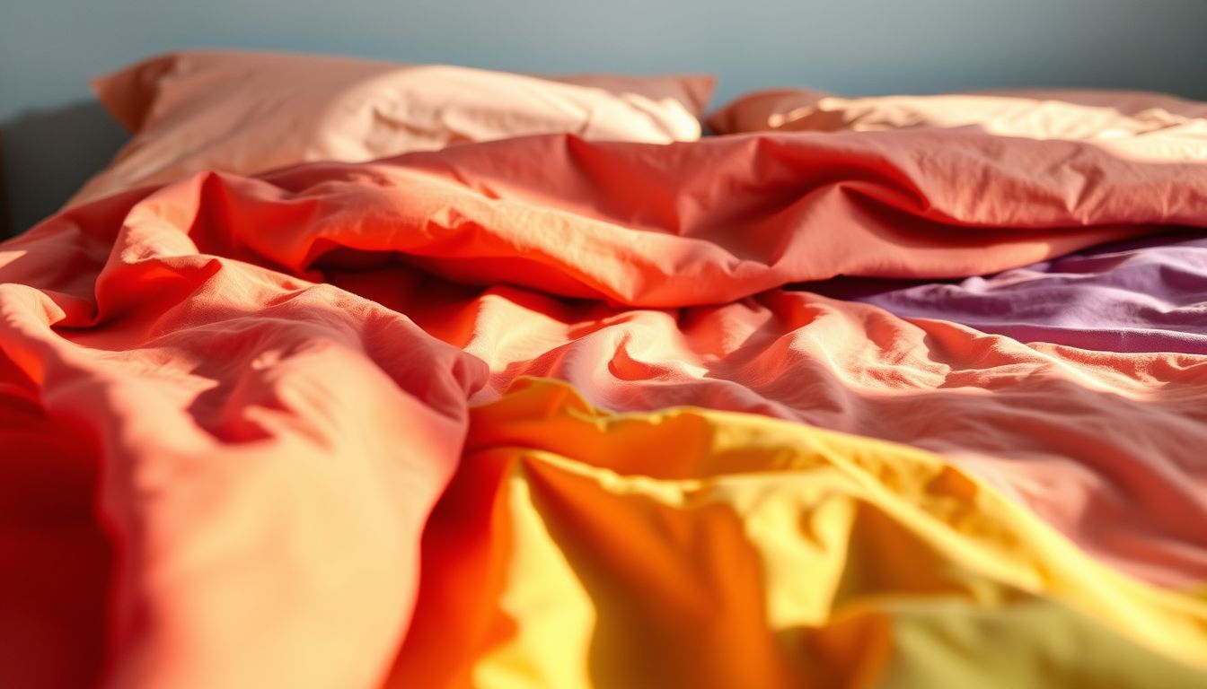 Bunte Bettlaken in sanften Falten, die Geborgenheit und Neuanfänge symbolisieren.