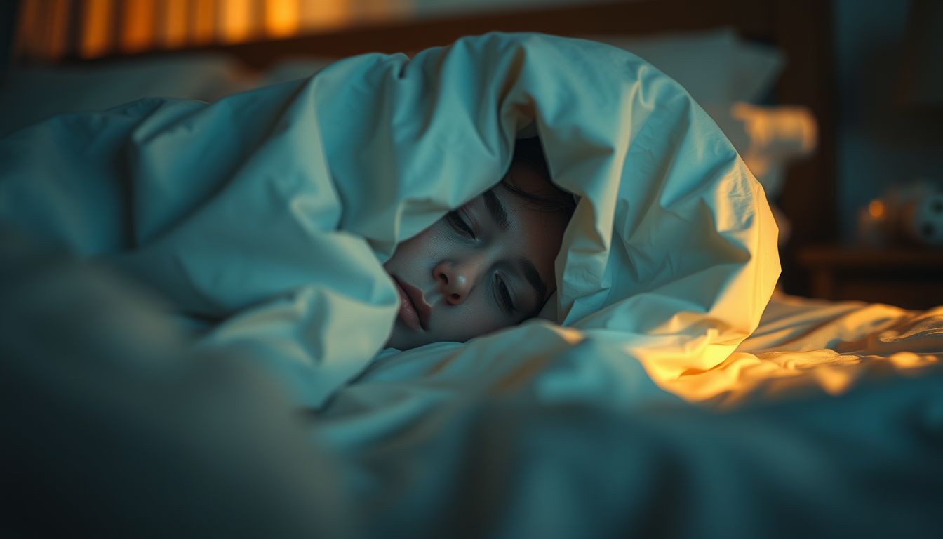 Ein schlafendes Kind, eingekuschelt in eine weiße Bettdecke, strahlt Ruhe aus.