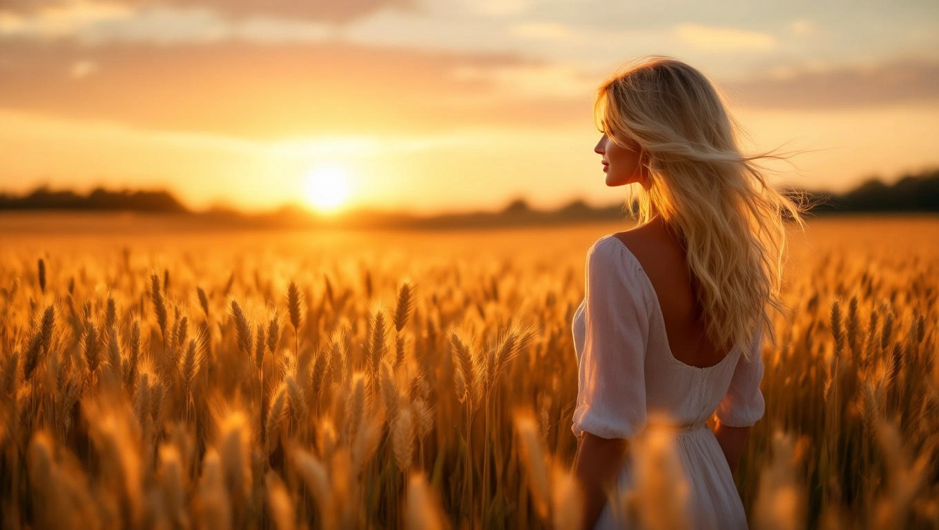 Eine blonde Frau steht in einem goldenen Weizenfeld bei Sonnenuntergang.