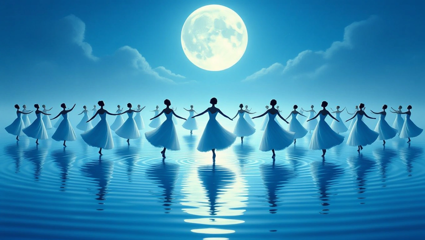 Eine Gruppe von Tänzerinnen in weißen Kleidern tanzt im Mondlicht auf einer Wasseroberfläche.