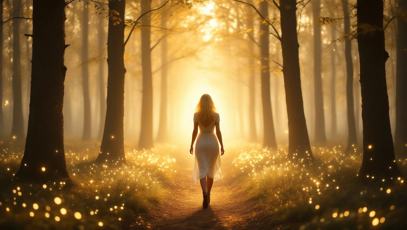 Eine blonde Frau in einem weißen Kleid geht durch einen mystischen Wald mit sanftem Licht.