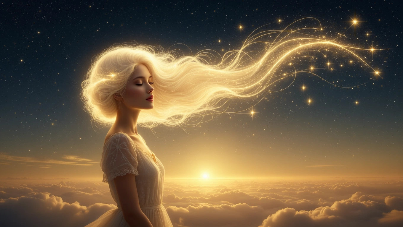 Eine blonde Frau mit fließendem Haar steht vor einem Sonnenuntergang über Wolken.