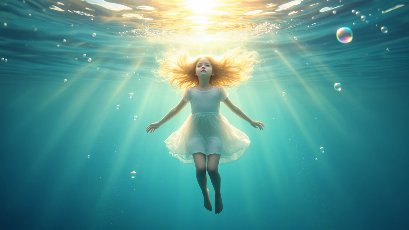 Ein blondes Mädchen schwebt in einem klaren Wasser mit Sonnenstrahlen.