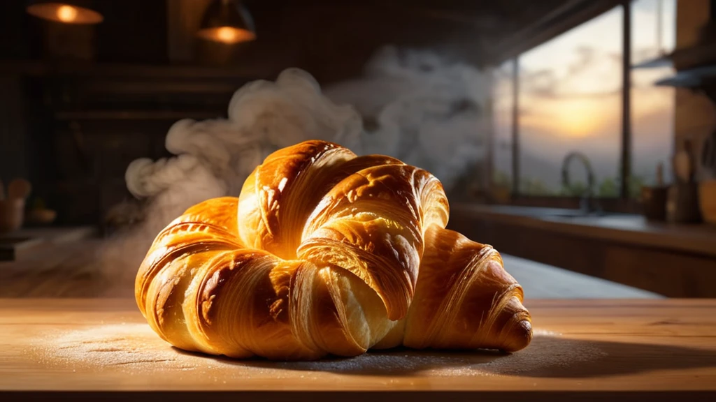 Ein frisch gebackenes Brötchen auf einem Holzbrett in einer warmen Küche.