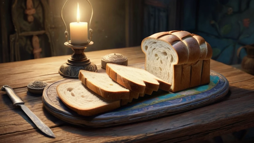 Ein frisch gebackenes Brot auf einem Holzbrett mit einer Kerze.