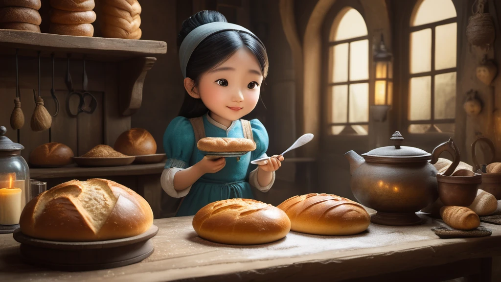 Ein Mädchen in einer Küche hält ein frisches Brot in der Hand.