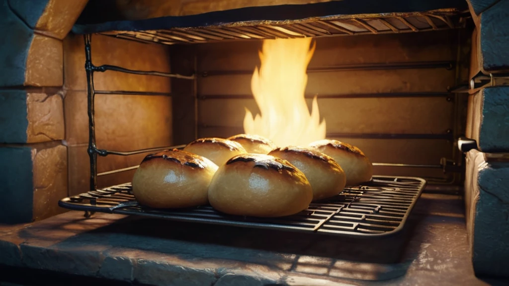 Frisch gebackene Brötchen im Ofen, umgeben von warmem Licht und Flammen.