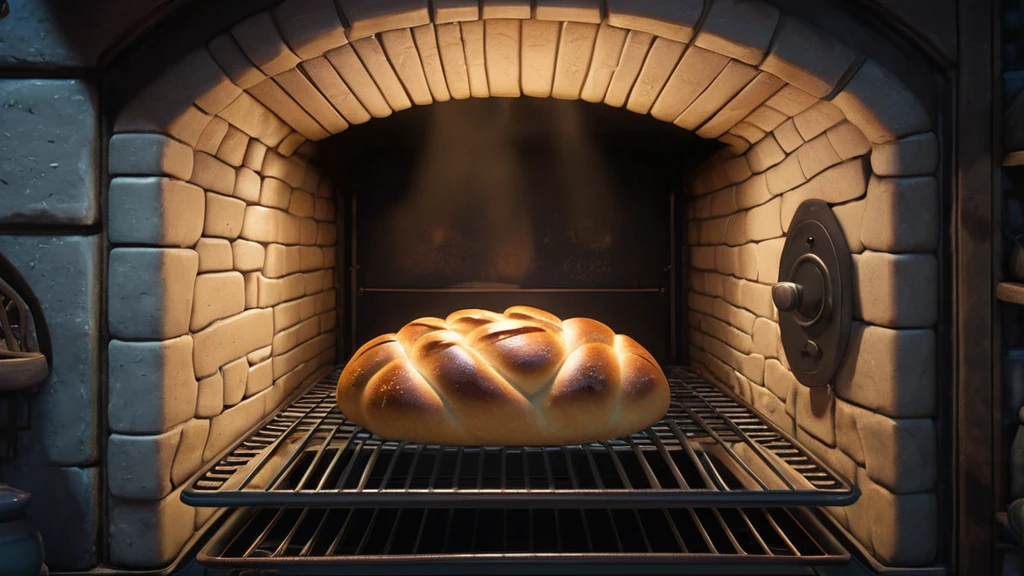 Ein frisch gebackenes Brot liegt in einem warmen Ofen auf einem Gitter.