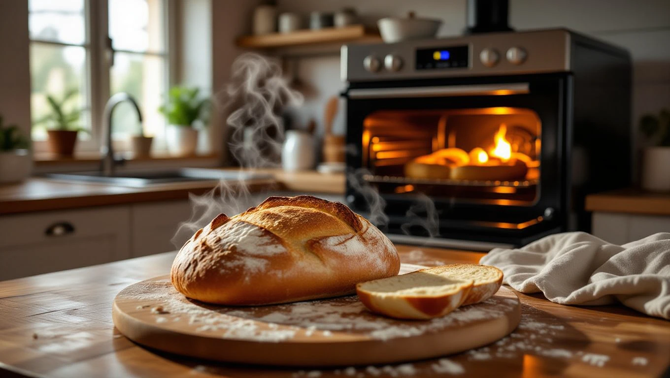 Frisch gebackenes Brot auf einem Holzbrett, dampfend und einladend.