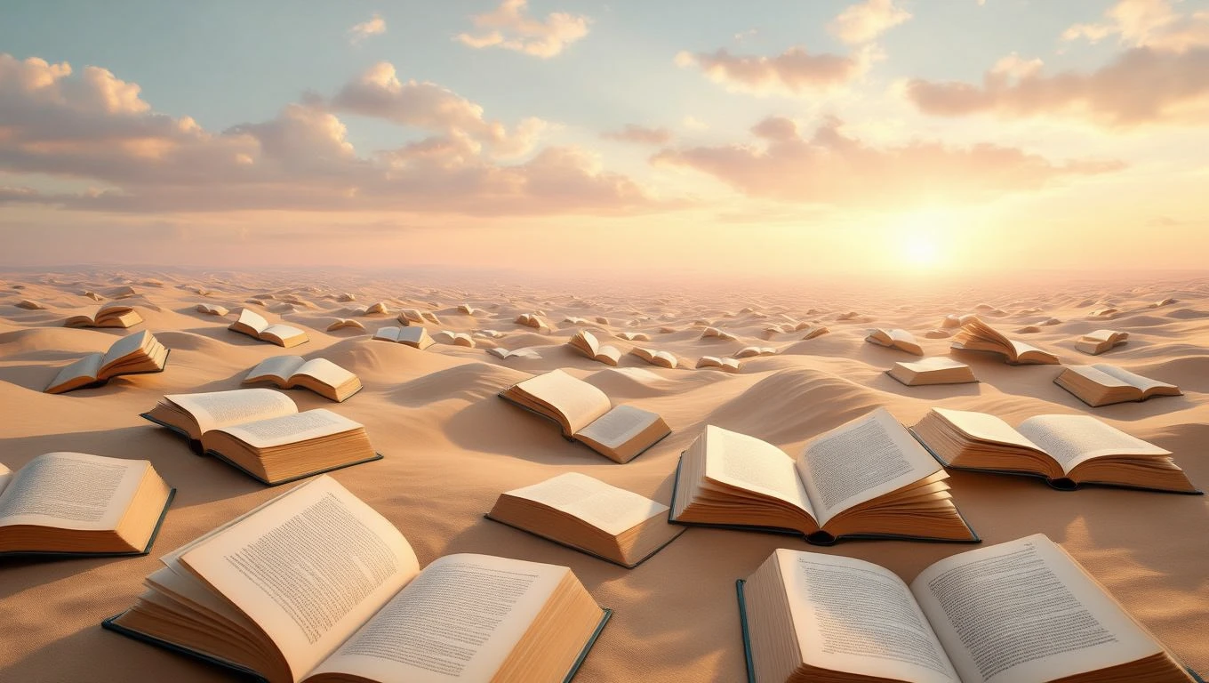 Eine weite Sandlandschaft mit offenen Büchern, die im Sonnenlicht liegen.