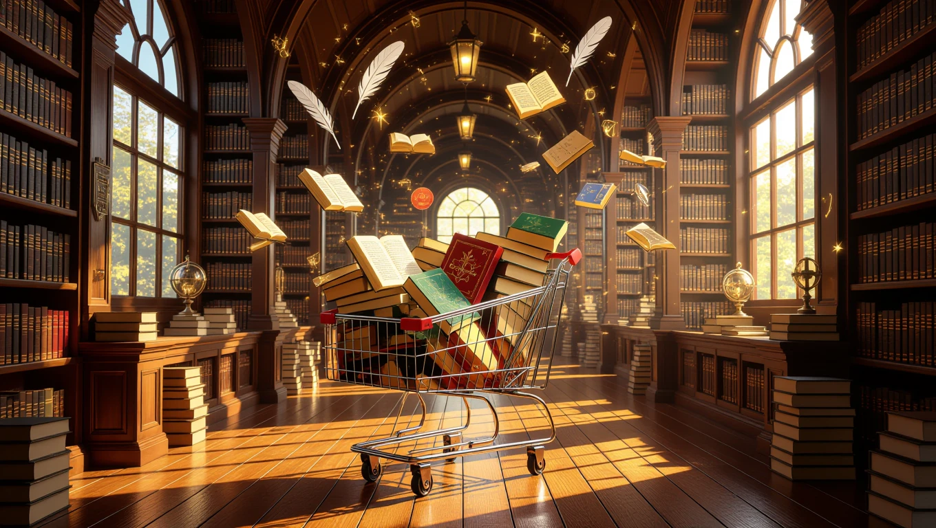 Ein Einkaufswagen voller Bücher schwebt in einer Bibliothek mit magischen Elementen.