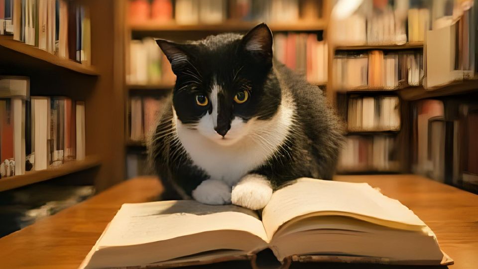 Eine schwarze und weiße Katze liegt auf einem offenen Buch in einer Bibliothek.