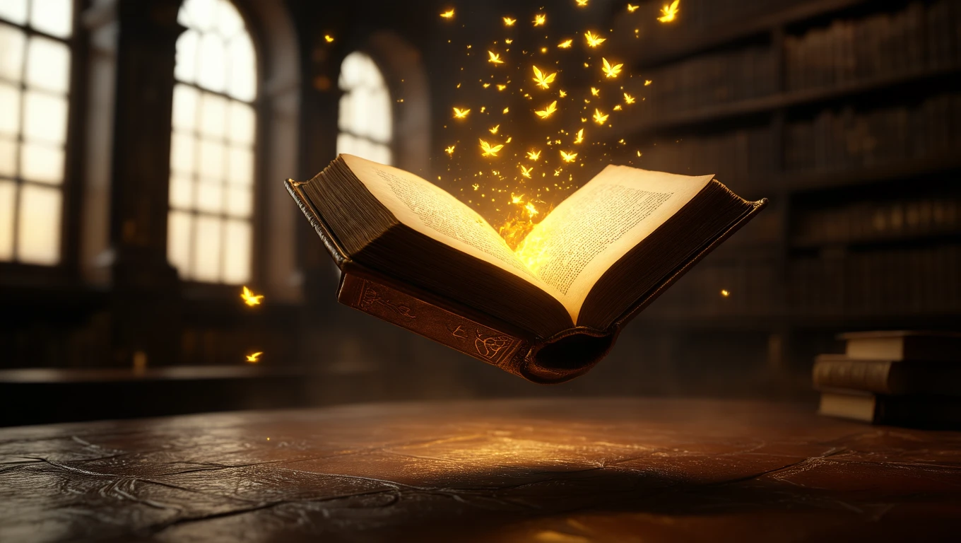 Ein schwebendes Buch mit leuchtenden Schmetterlingen in einer Bibliothek.