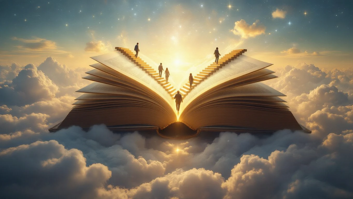 Ein offenes Buch mit Treppen, die in den Himmel führen, umgeben von Wolken.