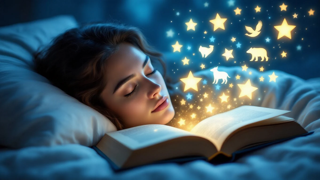 Eine schlafende Frau träumt von leuchtenden Traumsymbolen über einem Buch.