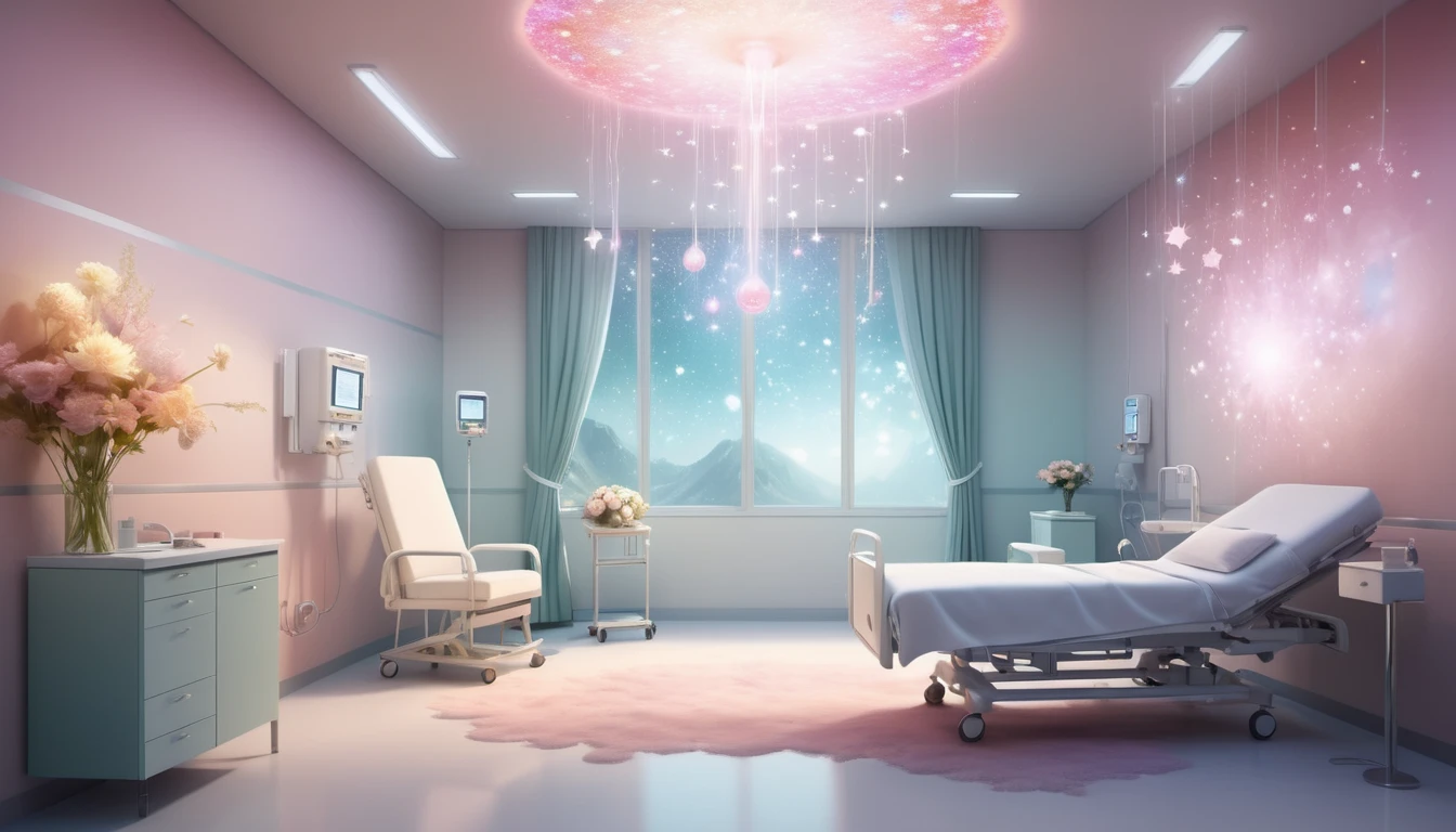 Ein helles, einladendes Krankenhauszimmer mit einem Bett und Pflanzen.