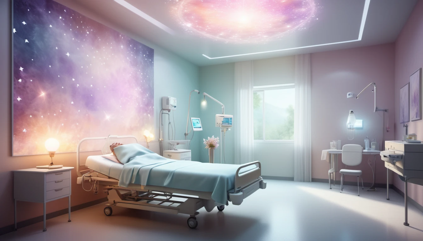 Ein helles Krankenhauszimmer mit einem Bett, das mit einer Decke bedeckt ist, und einem Sternenhimmel an der Decke.