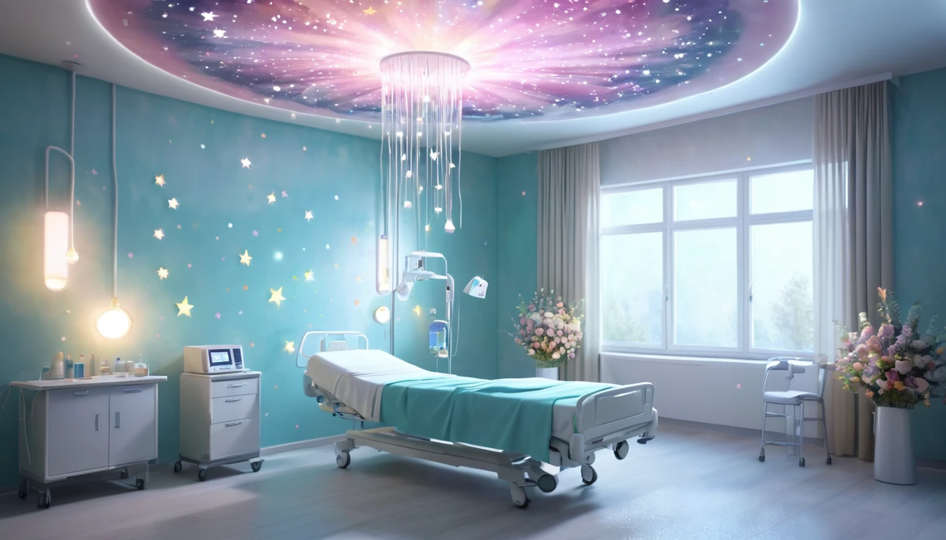 Ein helles, einladendes Krankenhauszimmer mit Sternenmotiven an der Decke.
