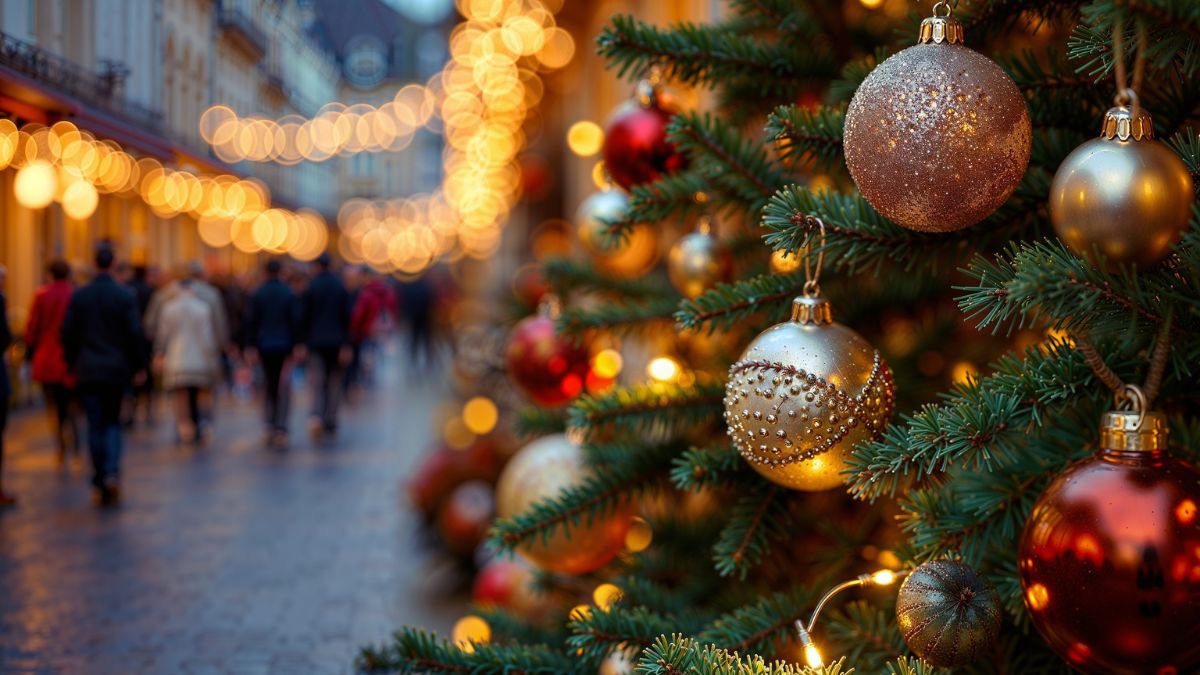 Ein festlich geschmückter Weihnachtsbaum mit bunten Kugeln und Lichtern.