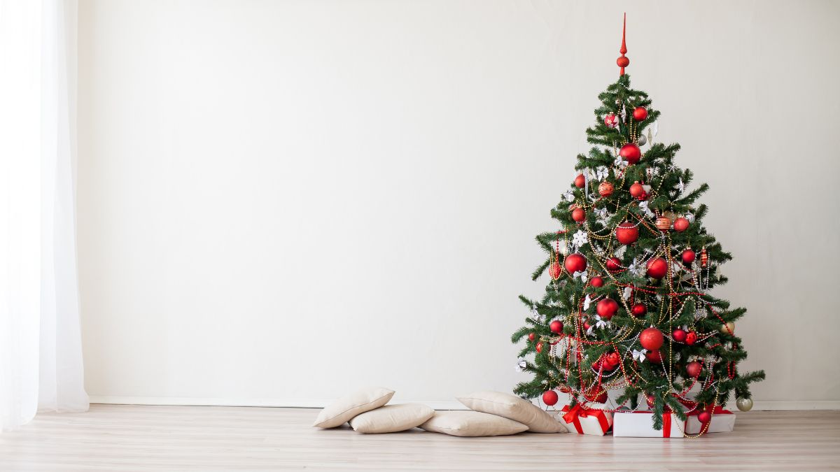 Ein festlich geschmückter Weihnachtsbaum mit roten Kugeln und Lichtern.