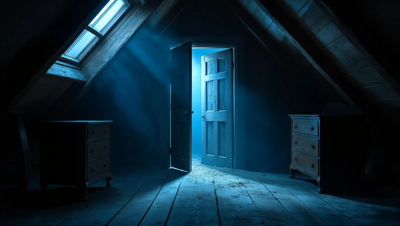 Ein düsterer Dachboden mit einem offenen Tor und schwachem Licht, das Erinnerungen symbolisiert.