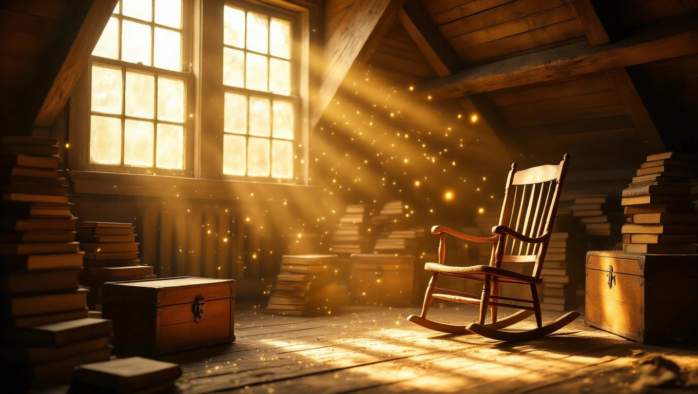 Ein gemütlicher Dachboden mit einem Schaukelstuhl, umgeben von Bücherstapeln und Lichtstrahlen.