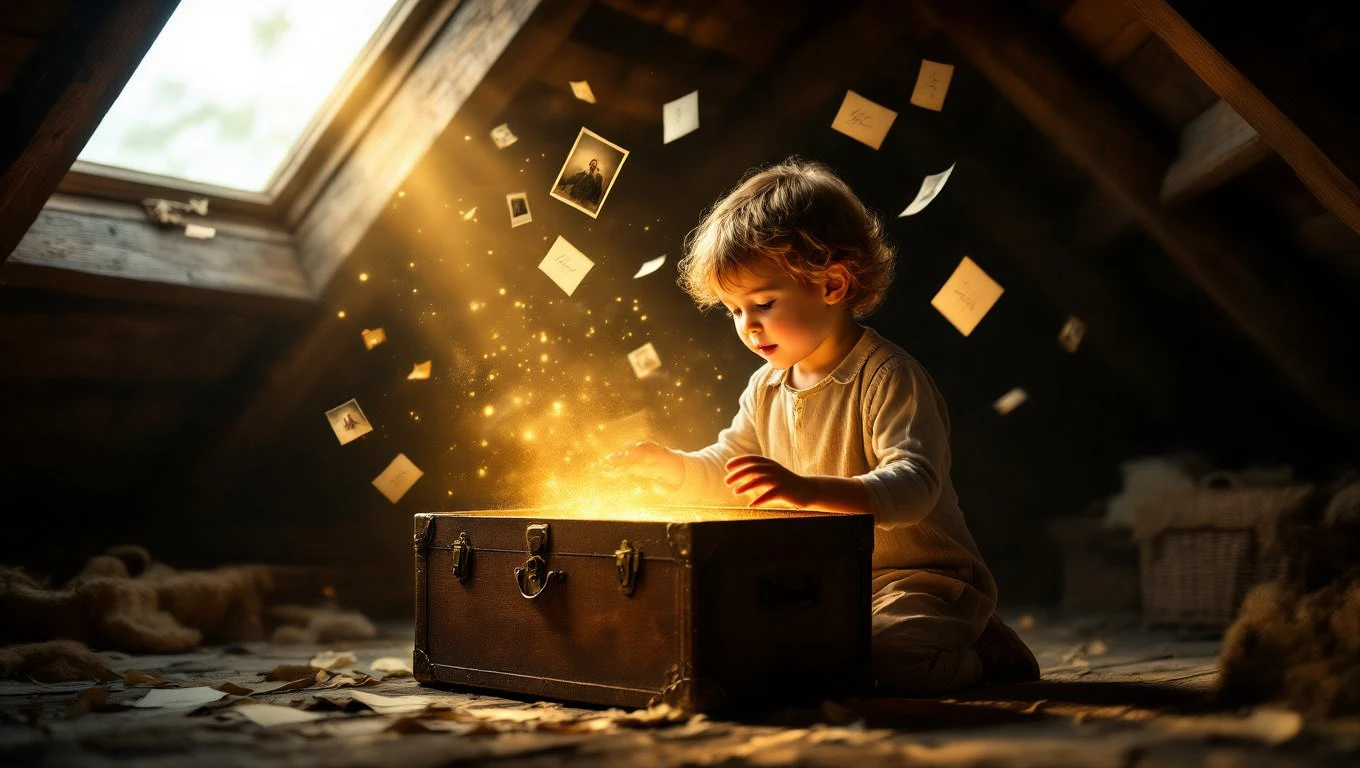 Ein Kind entdeckt eine leuchtende Schatzkiste auf dem Dachboden.