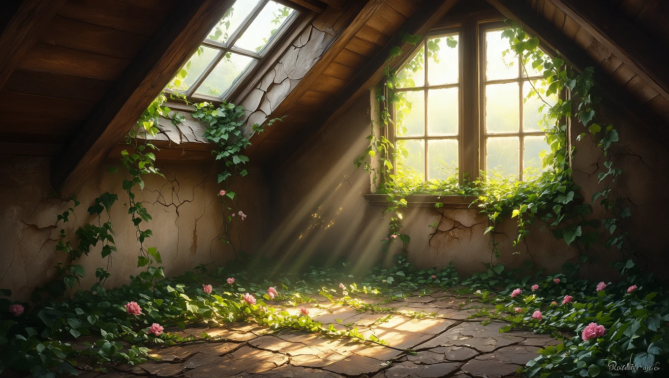 Ein lichtdurchfluteter Dachboden mit Pflanzen und blühenden Rosen.