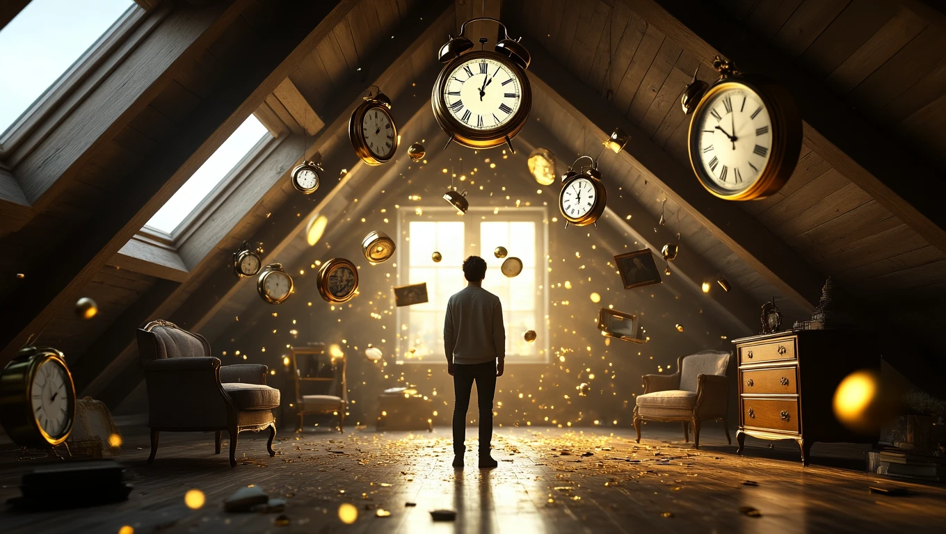 Ein Junge steht im Dachboden, umgeben von schwebenden Uhren und Erinnerungsstücken.