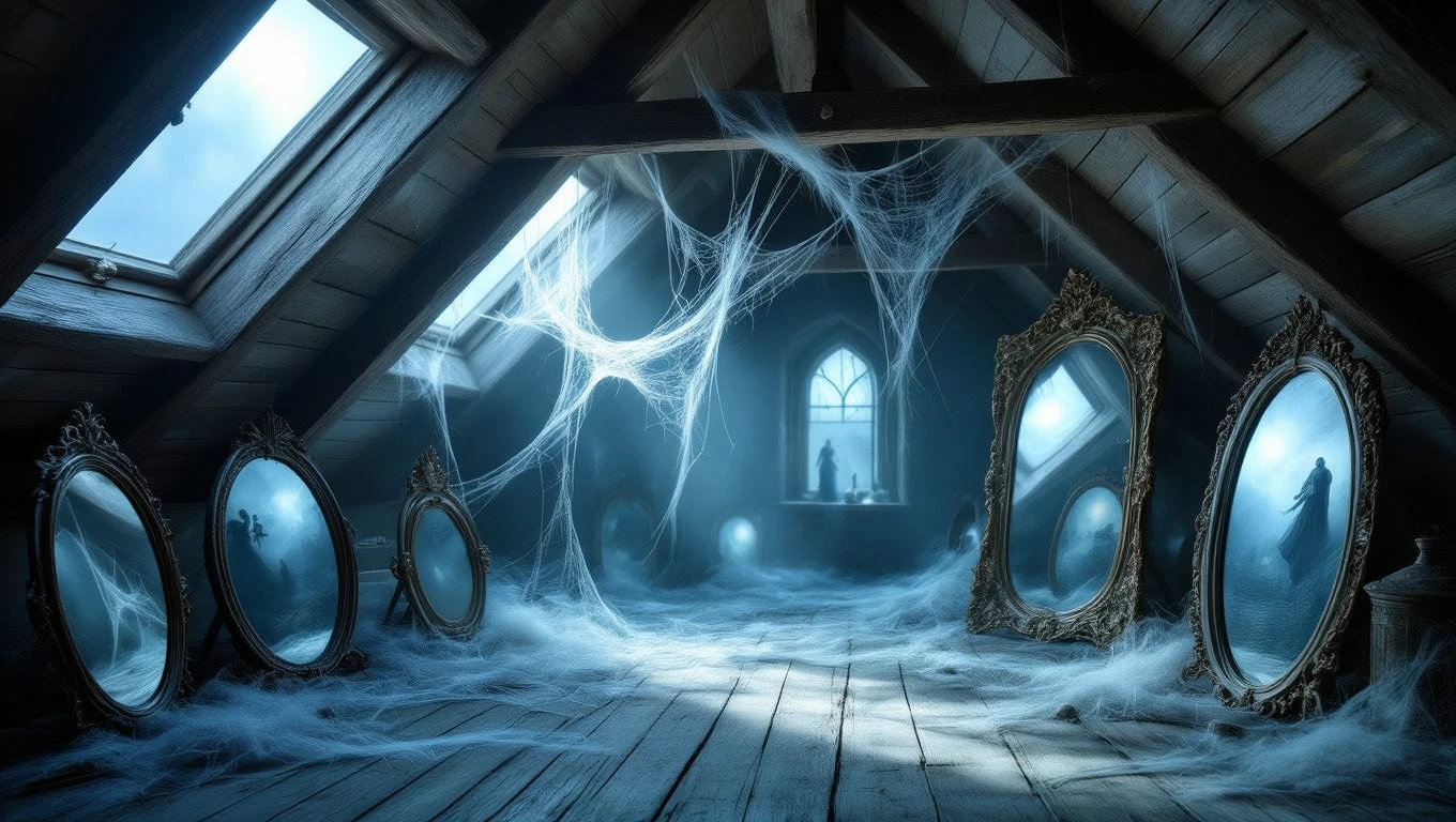 Ein Dachboden mit Spinnweben und alten Spiegeln, die Erinnerungen reflektieren.