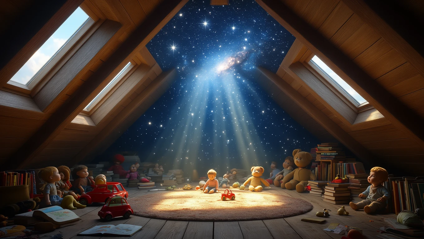 Ein Dachboden mit einem Kind, Spielzeug und einem Sternenhimmel.