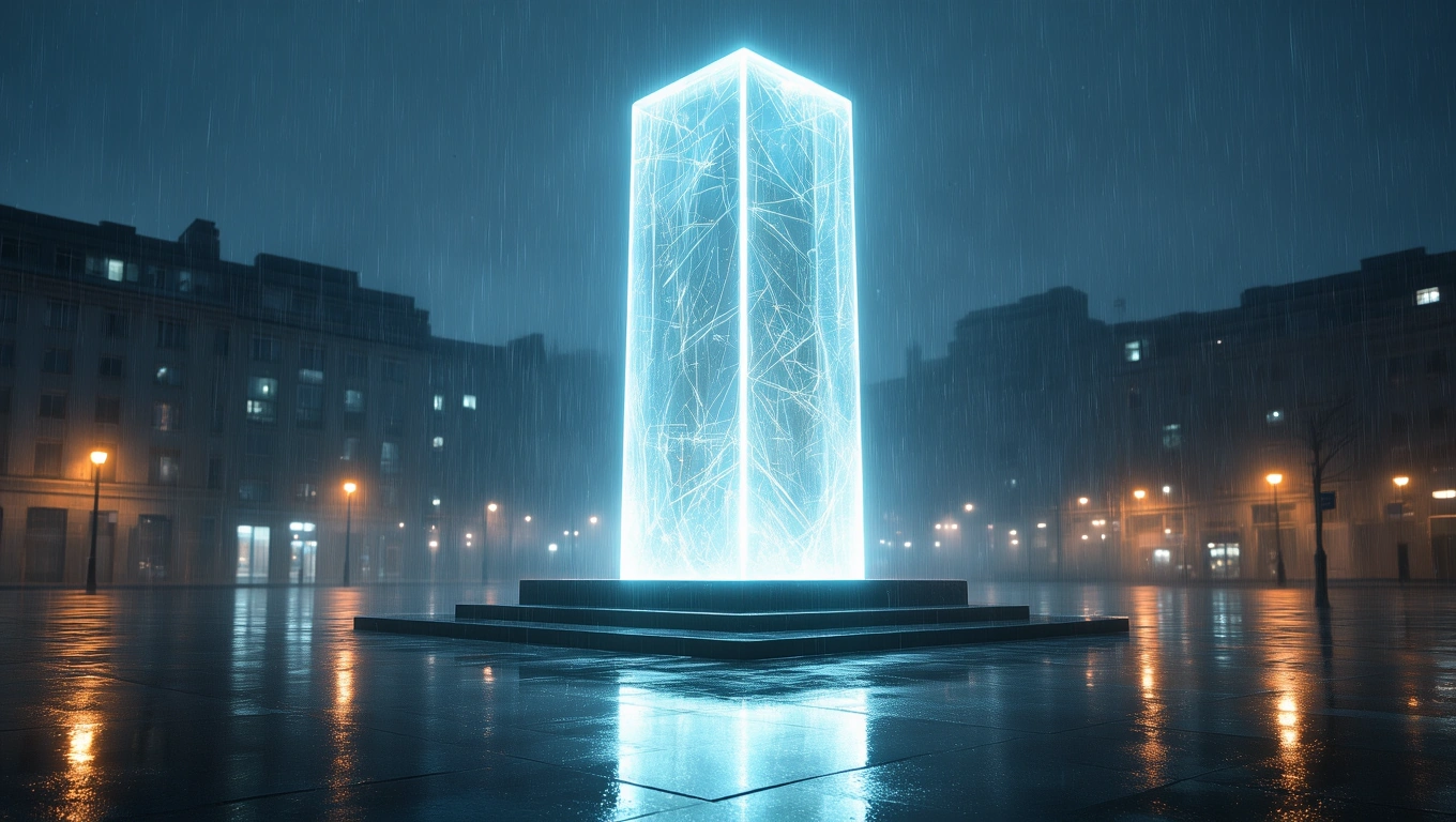 Ein leuchtendes Denkmal in der Nacht, umgeben von Regen und urbaner Architektur.